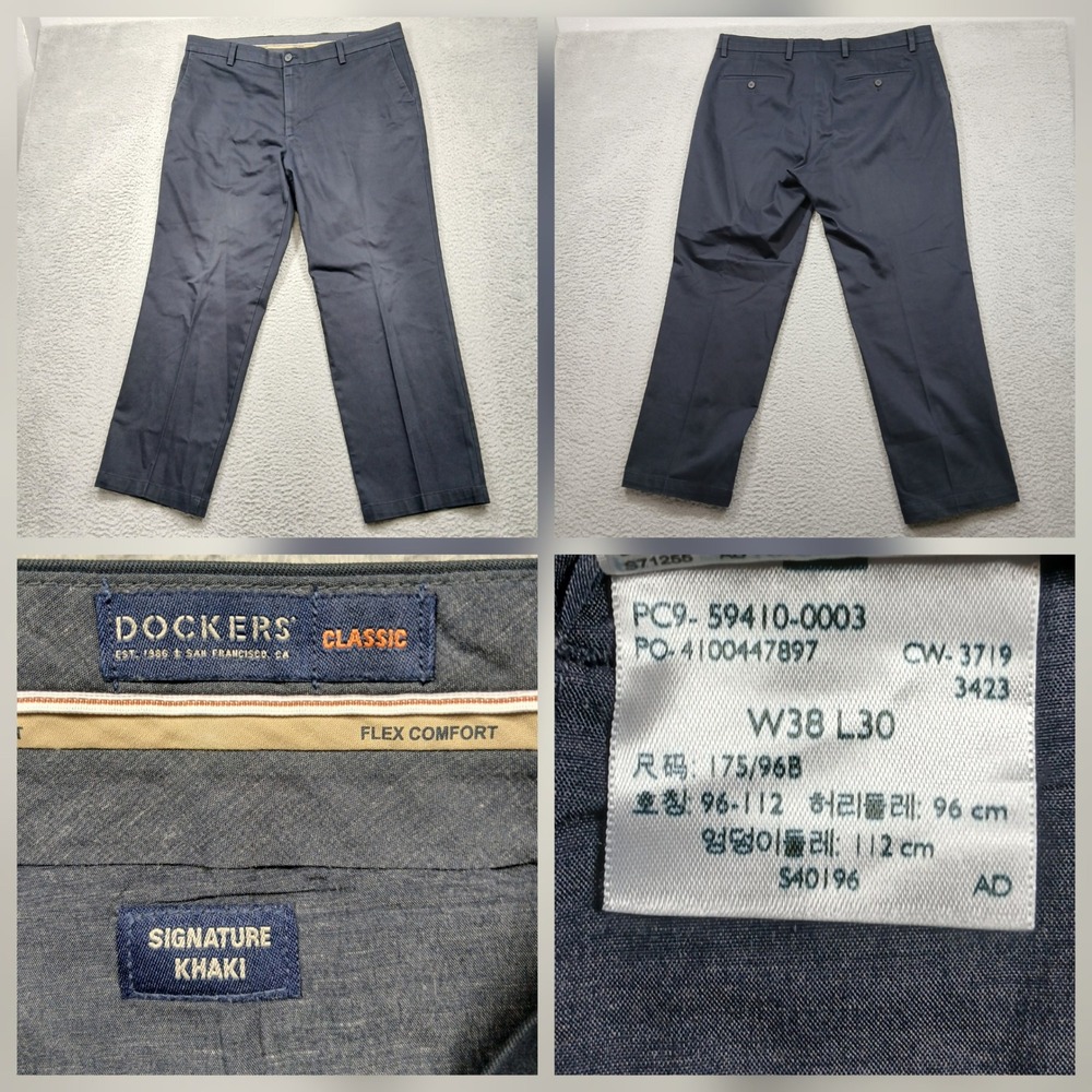 Dockers Signature Khaki Classic Pants Men 38x30 Navy Flex Comfort